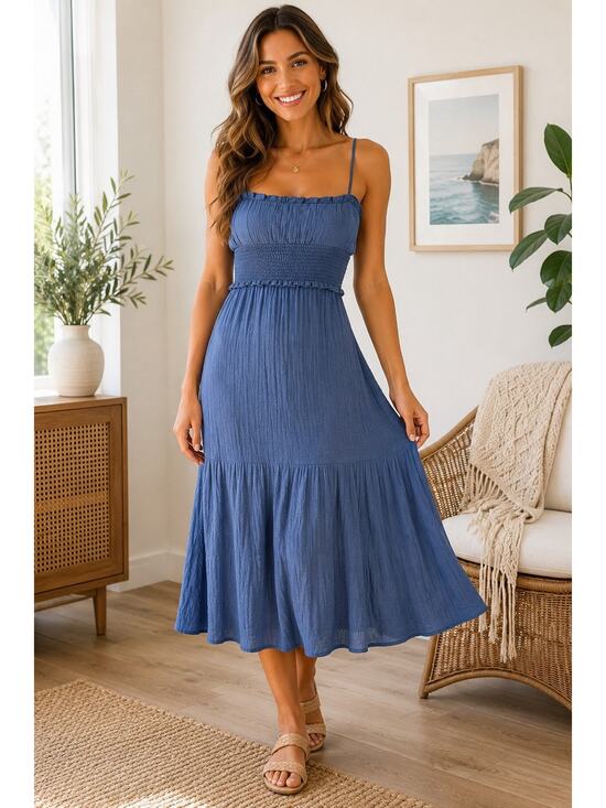Heart & Heels Dresses & Skirts - Blue Smocked Midi Dress Women Medium Boho Cottagecore Sundress Fairycore